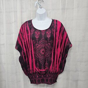 Sami & Jo Blouse Grunge Goth Boho Floral Black Pink Smocked Sheer L